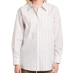 Lafayette 148 New York Boyfriend Shirt White and Tan Striped Button Shirt SZ L